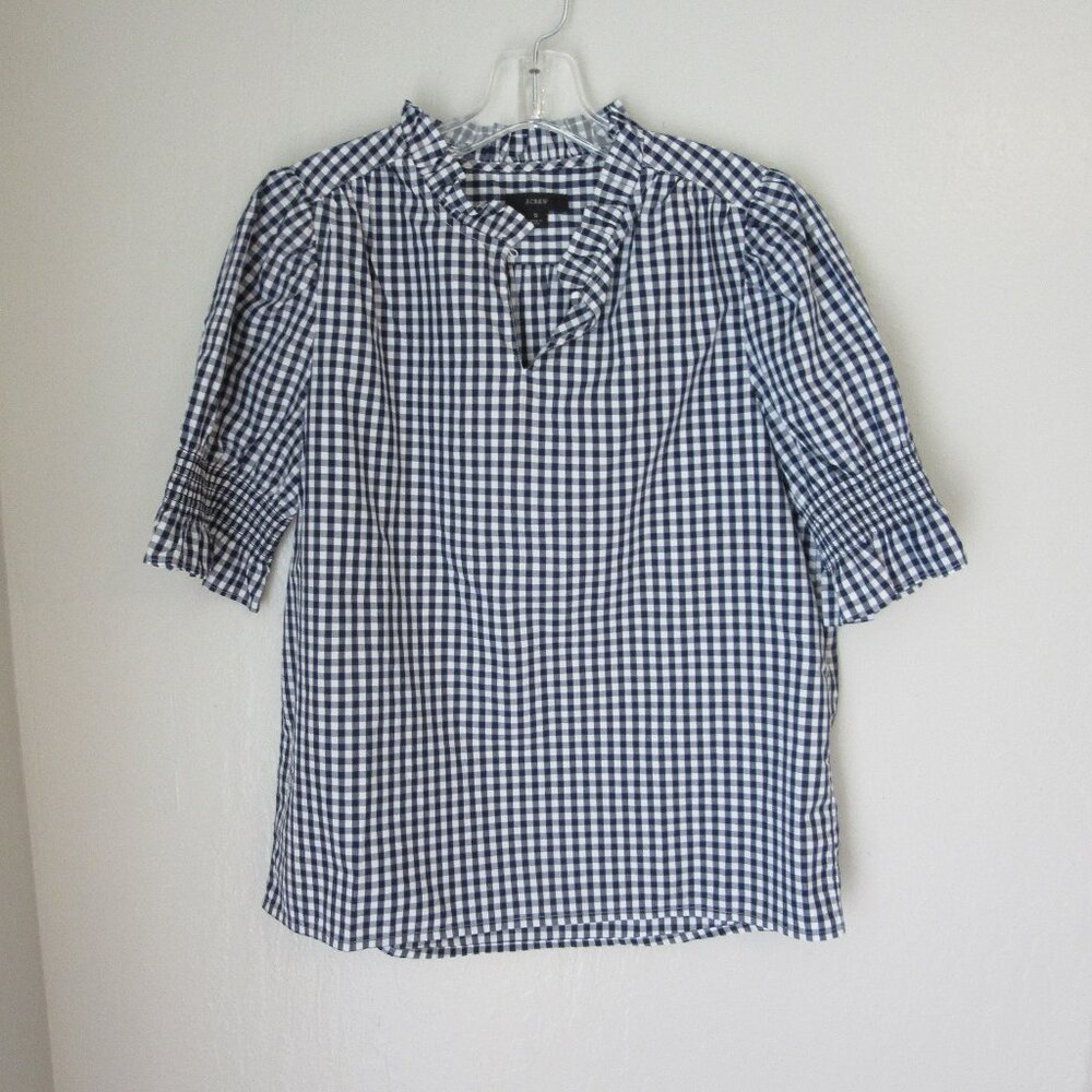 J. CREW Blue & White Gingham Check Short Smocked Sleeve S Ruffled Edge Blouse